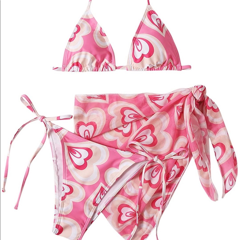 Pink heart print bikini set sarong included!